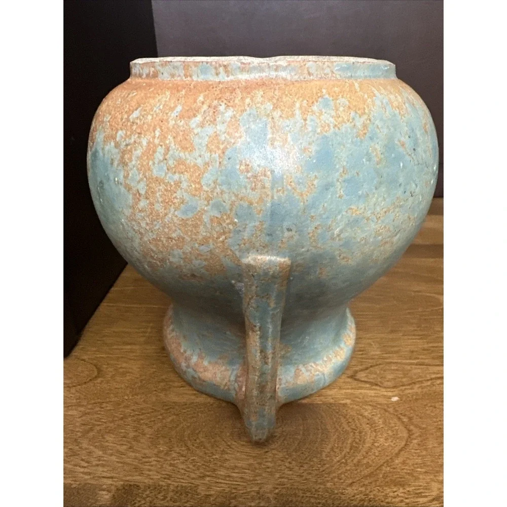 Burley Winter Pottery Vase Green Mottled Glaze Double Handle Antique 1930's #54